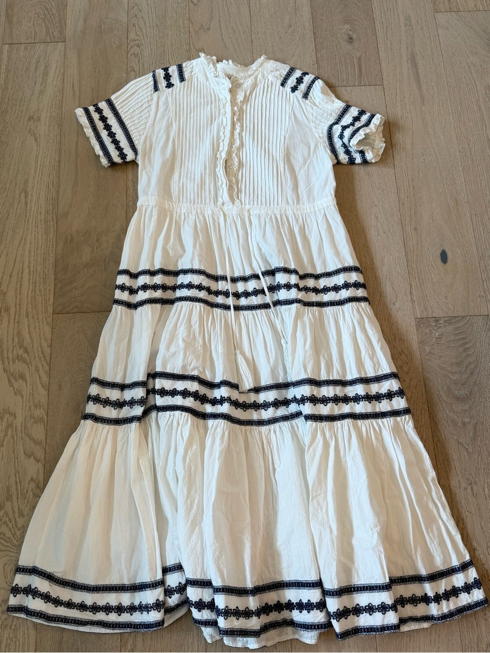 Ivy City Co White Tiered Cotton Dress with navy blue Embroidery